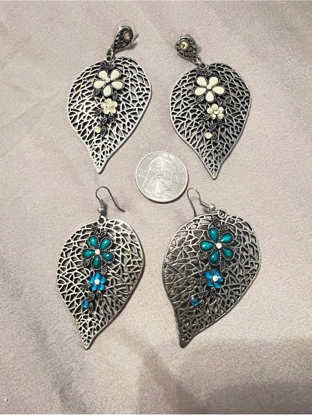 Silver Leaf Filigree Earrings with Turquoise & Cream Flower Accents - 2 pair